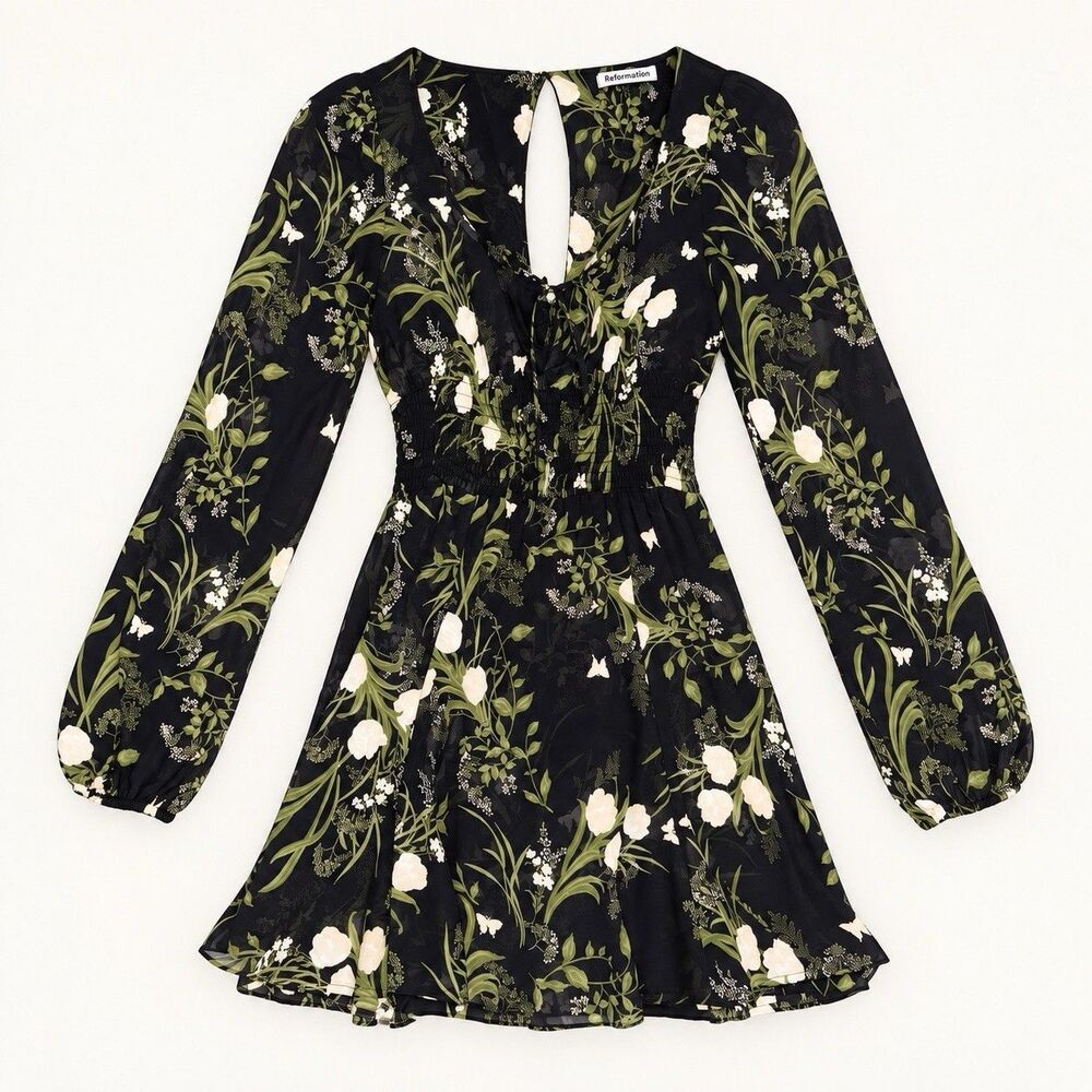 Reformation Alby Black Floral Long Sleeve Keyhole Mini Dress Size 8